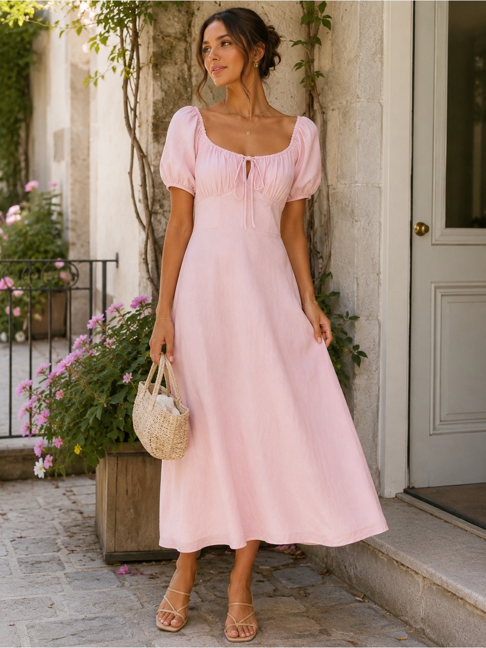 NWT le lis Collection Blush Pink Puff Sleeve Midi Dress Small